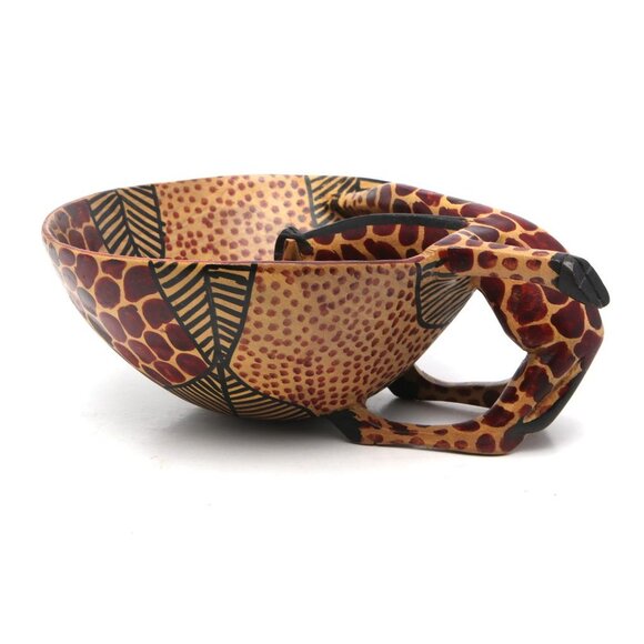 African Wood Giraffe Bowl Kenya Decor Spotted Lightweight Art Fruit Bowl Handle - Picture 7 of 11